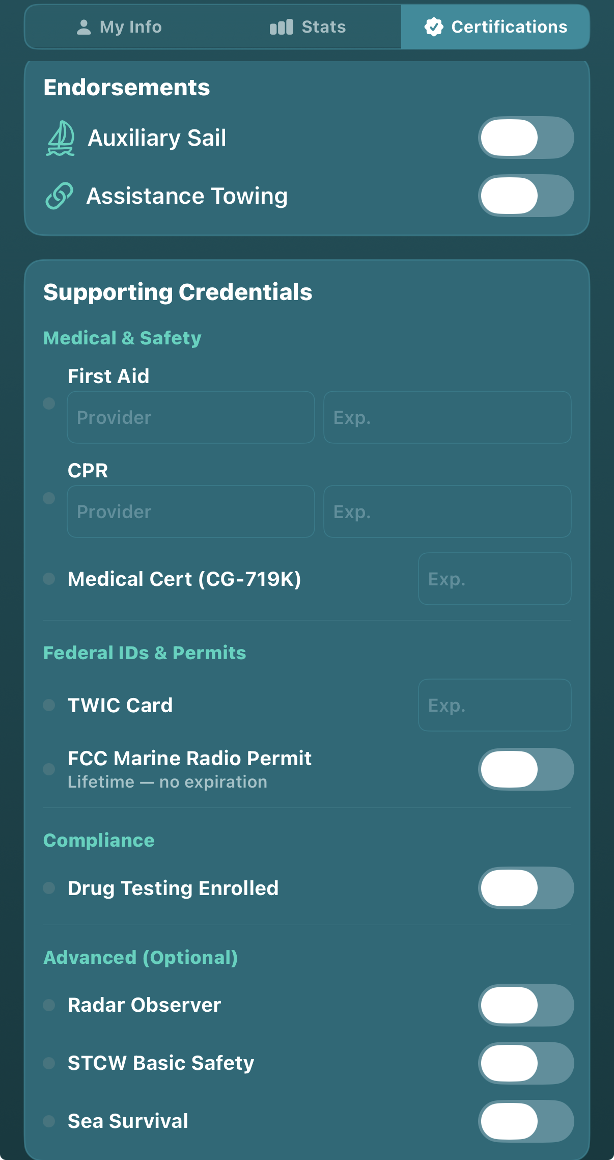 Certifications tab showing Endorsements toggles and Supporting Credentials (First Aid, CPR, TWIC, Drug Testing, Radar, STCW, Sea Survival)
