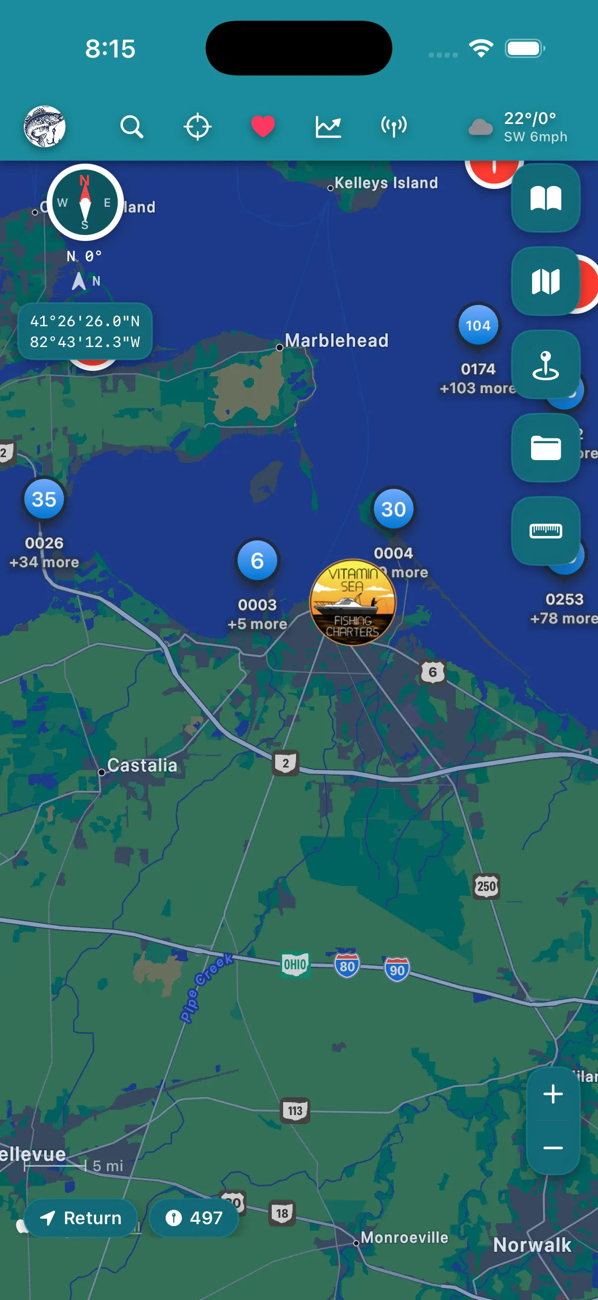 Charter captain logo visible on the Get Hooked! map