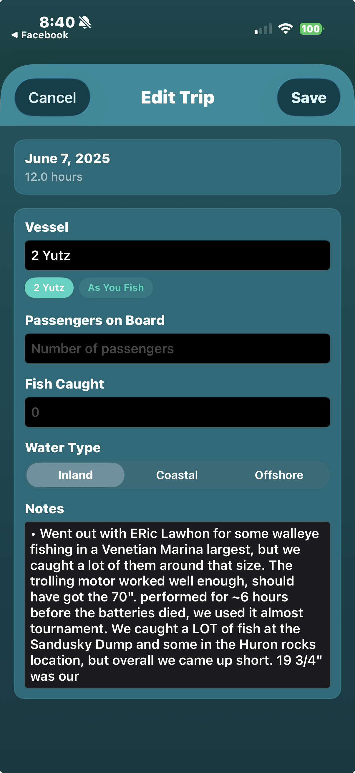 Edit Trip sheet showing vessel, passengers, fish caught, water type, and notes fields with boat name autocomplete chips