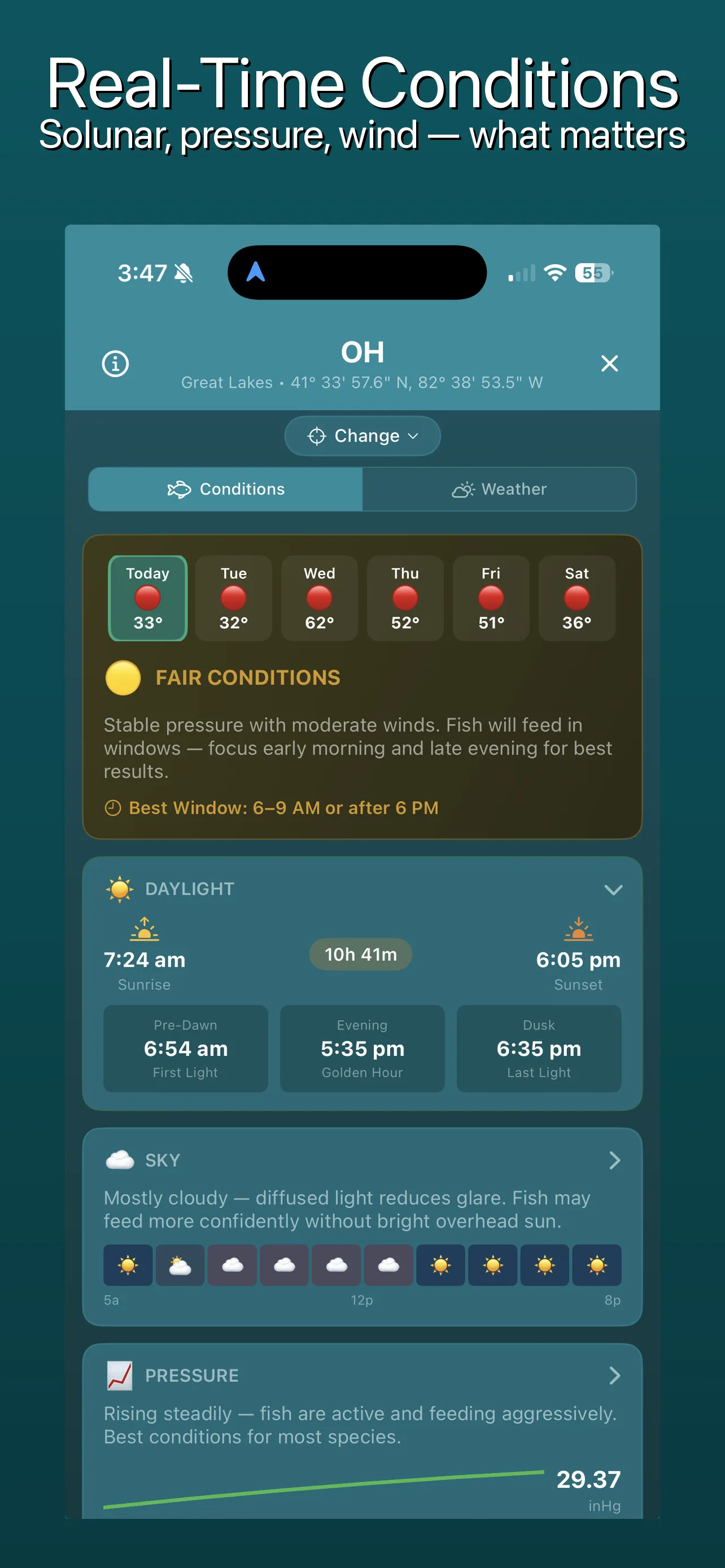 Fishing conditions screen with weather and pressure