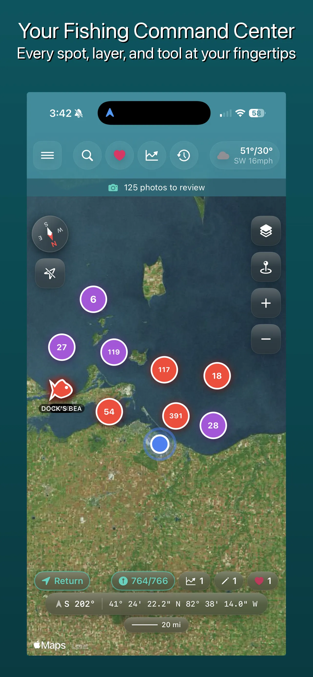 Full-screen fishing map with floating glassmorphism UI