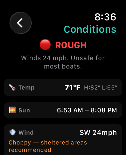 Get Hooked! Apple Watch conditions detail showing ROUGH verdict, temp, sun, and wind