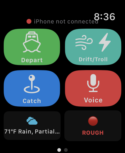 Get Hooked! Apple Watch home screen with conditions verdict, weather card, and action buttons