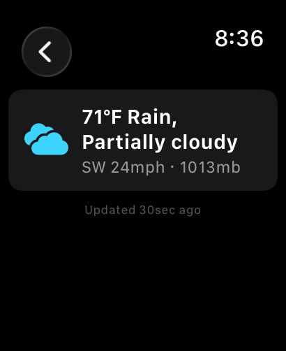 Get Hooked! Apple Watch weather card showing 71°F Rain, wind, and pressure